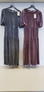 40 X BRAND NEW OASIS MAUVE AND GREY GLITTER VELVET TIERED SMOCK MIDI DRESSES IN SMALL AND MEDIUM ETC (IN 4 TRAYS)