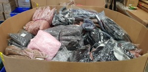 500+ PIECE FULL PALLET CLOTHING LOT CONTAINING BROWN COATS, BLACK BRAS, BACKSTRAPS IN VARIOUS COLOURS, BLACK PUFFER COAT, CHEQURED SCARVES, BROWN, GREY AND PINK FUR JUMPERS AND RED DRESS ETC