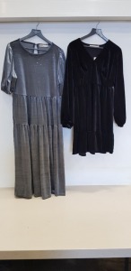 30 X PIECE BRAND NEW MIXED OASIS DRESS LOT CONTAINING GREY GLITTER VELVET TIERED SMOCK MIDI DRESS SIZE MEDIUM AND OASIS BLACK VELVET EMPIRE FRILL LINE DRESS SIZE LARGE