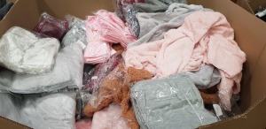 500 + PIECE MIXED CLOTHING LOT CONTAINING WHITE BRAS, RED BRAS, PURPLE BRAS, GREY FUR CARDIGANS, PINK FUR CARDIGANS AND GREY JOGGERS ETC