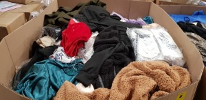 500 + PIECE MIXED CLOTHING LOT CONTAINING POLKADOT DRESSES, GREY 1/4 ZIP JUMPERS, GREY BUTTONED JUMPERS, CREAM BUTTONED JUMPERS, WOMENS BLACK TOPS, BLACK BUTTONED JUMPERS AND WHITE BRAS ETC
