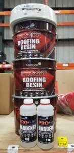 6 PIECE MIXED LOT CONTAINING 2 X BRAND NEW CROMAR PROGRP HARDENER 1KG, 1 X CROMAR PROGRP CHOPPED STRONG MATTING, 3 X CROMAR PROGRP ROOFING RESIN 10KG