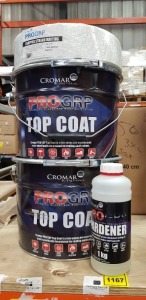 4 PIECE MIXED LOT CONTAINING 1 X BRAND NEW CROMAR PROGRP HARDENER 1KG, 1 X CROMAR PROGRP CHOPPED STRONG MATTING, 2 X CROMAR PROGRP TOP COAT 10KG