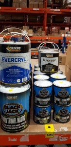 29 PIECE MIXED LOT CONTAINING EVERBUILD ONE COAT WATERPROOFING ROOF COATING, EVERBUILD BITUMEN TROWEL MASTIC, EVERBUILD ROOF FELT ADHESIVE, EVERBUILD FLASHING PRIMER