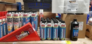 APPROX 60 PIECE MIXED LOT CONTAINING SOUDAL GLASS AND MIRROR CLEANER, SOUDAL SOUDAFOAM GUN AND FOAM CLEANER, SOUDAL SOUDAFOAM WINDOW AND DOOR FOAM, SOUDAL SOUDA BOND AND SOUDAL EXPANDING FOAM ETC