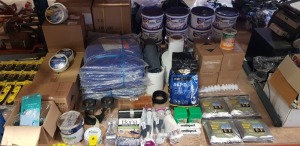 APPROX 100 ITEMS IN 3/4 OF A BAY CONTAINING HARRIS TARPAULIN 7.6M X 5.5M, DULUX QUICK DRY GLOSS, POLYCELL PLASTER REPAIR, CUPRINOL GARDEN FURNITURE RESTORER, BOND IT SCRIM TAPE, EVERBUILD SCRIM TAPE ETC