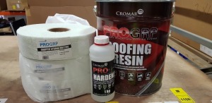 5 PIECE MIXED LOT CONTAINING 1 X BRAND NEW CROMAR PROGRP HARDENER 1KG, 3 X CROMAR PROGRP CHOPPED STRONG MATTING, 1 X CROMAR PROGRP ROOFING RESIN 20KG