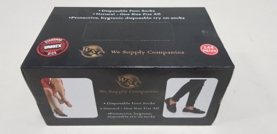 32 X BRAND NEW BOXES OF 144 X WSC DISPOSABLE FOOT SOCKS (NATURAL - ONE SIZE FITS ALL, PROTECTIVE, (HYGEINIC DISPOSABLE TRY ON SOCKS)