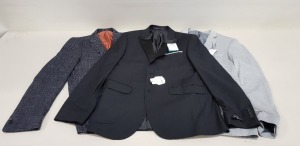 30 PIECE MIXED BLAZER LOT CONTAINING BURTON MENSWEAR BLACK BLAZERS, GREY BLAZERS, NAVY CHEQUERED BLAZERS ETC