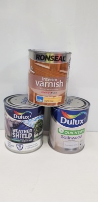 40 X BRAND NEW MIXED LOT TO INCLUDE BOSTIK FLASHBAND PRIMER S.V , RONSEAL INTERIOR VARNISH LIGHT OAK , DULUX QUICK DRY PURE BRILLIANT WHITE PAINT , DULUX WEATHERSHIELD UNDERCOAT IN PURE BRILLIANT WHITE