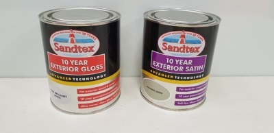 40 X BRAND NEW MIXED LOT TO INCLUDE SANDTEX 10 YEAR EXTERIOR SATIN IN SOOTHING GREEN (750 ML) , SANDTEX 10 YEAR EXTERIOR GLOSS IN PURE BRILLIANT WHITE (750ML)