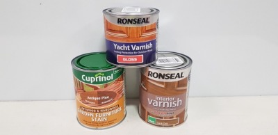 36 X BRAND NEW MIXED LOT TO INCLUDE RONSEAL YACHT VARNISH IN GLOSS , CUPRINOL IN ANTIQUE PINE WOODEN FURNITURE STAIN , RONSEAL INTERIOR VARNISH IN MATT DARK OAK , SIKKENS CETOL FILTER 7 PLUS (009)