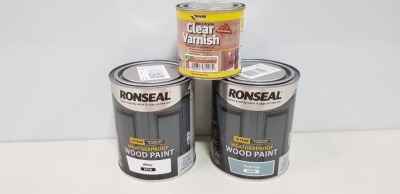 40 X BRAND NEW MIXED LOT TO INCLUDE RONSEAL WEATHERPROOF WOOD PAINT IN SATIN DUCK EGG , RONSEAL WEATHERPROOF WOOD PAINT , EVERBUILD CLEAR VARNISH