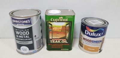 60 X BRAND NEW MIXED LOT TO INCLUDE CUPRINOL NATURALLY ENHANCING TEAK OIL , RUSTINS WORKTOP OIL FOR NATURAL FINISH , JOHNSTONE INTERIOR WOOD AND METAL UNDERCOATING , DULUX WOODSHEEN IN ANTIQUE PINE