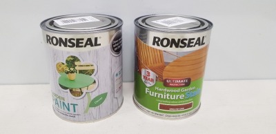 40 X BRAND NEW MIXED LOT TO INCLUDE RONSEAL HARDWOOD GARDEN FURNITURE STAIN IN ENGLISH OAK , AND RONSEAL GARDEN PAINT IN CLOVER COLOUR ( 750ML)