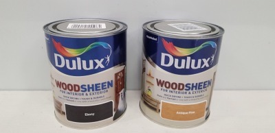 40 X BRAND NEW MIXED LOT TO INCLUDE DULUX WOODSHEEN IN INTERIOR AND EXTERIOR IN ANTIQUE PINE , AND EBONY COLOUR