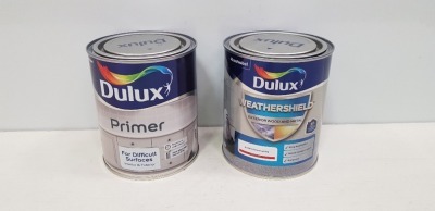 40 X BRAND NEW MIXED LOT TO INCLUDE DULUX WEATHERSHIELD EXTERIOR WOOD AND METAL IN PURE BRILLIANT WHITE AND DULUX PRIMER FOR DIFFICULT SURFACES ,