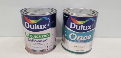 40 X BRAND NEW MIXED LOT TO INCLUDE DULUX QUICKDRY SATINWOOD IN PURE BRILLIANT WHITE FOR WOOD AND METAL AND DULUX ONCE SATINWOOD IN NATURAL HESSIAN