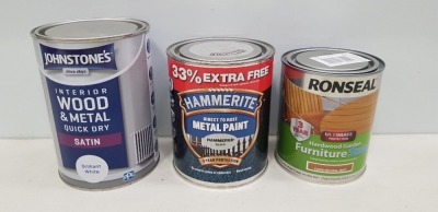 42 X BRAND NEW MIXED LOT TO INCLUDE RONSEAL HARDWOOD GARDEN FURNITURE STAIN , HAMMERERITE METAL PAINT IN HAMMERED SILVER , RUSTINS QUICK DRYING RADIATOR ENAMEL , JOHNSTONE INTERIOR WOOD AND METAL HARDWEARING PAINT SATIN BRILLIANT WHITE