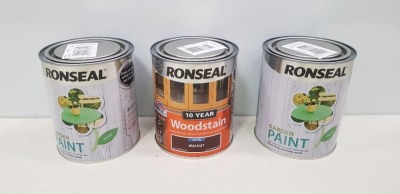 40 X BRAND NEW MIXED LOT TO INCLUDE RONSEAL YACHT VARNISH GLOSS , RONSEAL ULTRA TOUGH PAINT IN WHITE MATT , RONSEAL WOODSTAIN IN SATIN WALNUT , AND RONSEAL GARDEN PAINT IN CLOVER COLOUR