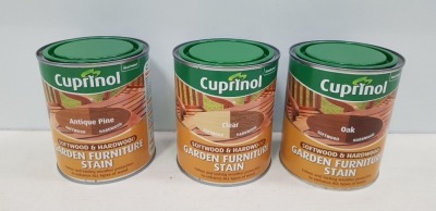 40 X BRAND NEW LOT TO INCLUDE CUPRINOL GARDEN FURNITURE STAIN IN OAK , ANTIQUE PINE , TEAK AND CLEAR