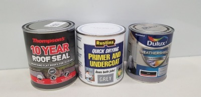 30 X BRAND NEW MIXED LOT TO INCLUDE THOMPSON 10 YEAR ROOD SEAL , DULUX WEATHERSHIELD EXTERIOR WOOD AND METAL IN BLACK , SADOLIN EXTRA DURABLE WOODSTAIN IN LIGHT OAK , RUSTINS QUICKDRYING PRIMER AND UNDERCOAT IN GREY