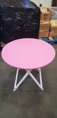 6 X PINK TABLES 80CM ROUND (PLEASE NOTE THESE ARE FACTORY SECONDS, VENEER MAY BE LIFTED AND MINOR SCRATCHES)