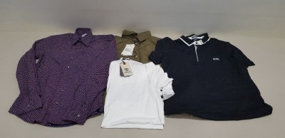 6 PC MIX LOT TO INCLUDE BIBA DEEP C DRESS IN BERRY ( SIZE 6) , FRENCH CONNECTION LINEN SHIRT IN WHITE ( SIZE M ) , HUGO BOSS PAULE 1 POLO IN BLACK ( SIZE L ) , CALVIN KLEIN SI GEO SHIRT IN NAVY ( SIZE 38) , BARBOUR NELSON QUILT COAT IN OLIVE ( SIZE 8) ,