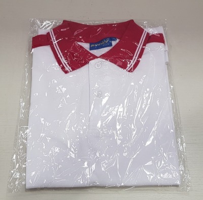 53 X BRAND NEW PAPINI JESSOLO WHITE/RED POLO SHIRTS IN SIZE UK (29)SMALL AND (24)XXL