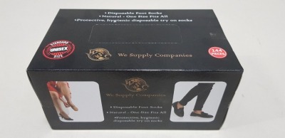 32 X BRAND NEW BOXES OF 144 X WSC DISPOSABLE FOOT SOCKS (NATURAL - ONE SIZE FITS ALL, PROTECTIVE, (HYGEINIC DISPOSABLE TRY ON SOCKS)