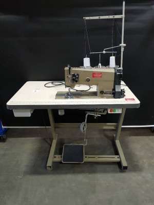 1 X BROTHER LT2 -B872-3 INDUSTRIAL SEWING MACHINE WITH DOUBLE NEEDLE AND DESK WITH FOOT PEDALS