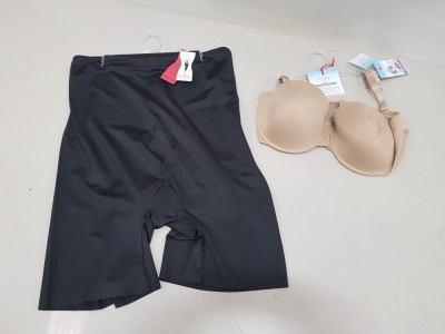 18 PIECE SPANX MIXED LOT CONTAINING AQUA TWIST TOP TANKINIS, HIGH WAISTED SHAPERS AND SLIP FREE STRAPLESS BRAS IN NUDE AND ELBOW LENGTH SCOOP NECKS IN VANILLA