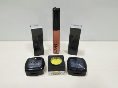 30 PIECE MIXED COSMETICS LOT CONTAINING NYX GLITTER ON THE GO, NYX EYESHADOW, NYX BLACK LABEL LIPSTICK AND NYX MEGA SHINE LIP GLOSS ETC