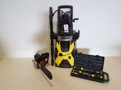 3 PIECE MIXED LOT CONTAINING 1 X KARCHER K 5.700 JET WASH, 1 X SCREWDRIVER SET AND 1 X HEILSON GASOLINE CHAINSAW