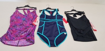 8 PIECE SPANX MIXED LOT CONTAINING 3 X HOURG RACER B ONE PIECE SWIMSUIT IN NAVY, 3 X TRIBAL GLOW DRAPED TANKINI AND 2 X BLACK DRAPED TANKINI