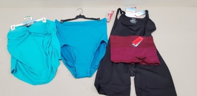 23 PIECE SPANX MIXED LOT CONTAINING AQUA MARINE TWIST TOP TANKINIS, OPEN BUST MIDTHIGH BODY SHAPERS, AQUA MARINE HIGH RISE BOTTOMS AND RICH GARNET STRIPE BOY SHORTS ETC