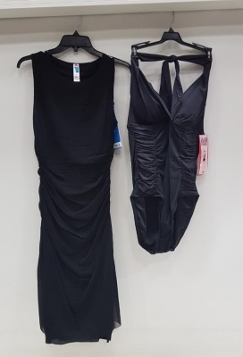 6 PIECE SPANX MIXED LOT CONTAINING 2 X HALTER ONE PIECE BLACK SWIMSUITS AND 4 X BOLD BLACK DRAPED DRESSES