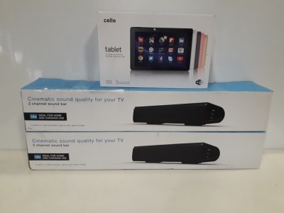 3 PIECE LOT CONTAINING 2 X CELLO SOUNDBAR YW-S15M -12V (YW022100343) WALL MOUNTABLE AND 1 X CELLO TABLET 10 QUAD CORE ANDROID , 1GB RAM , 16 ROM FLASH