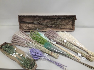 420 X BRAND NEW SILK KA FLOWERS FOR LIFE MIXED ARTIFICIAL FLOWERS LOT CONTAINING 48 X STATICE SPRAY FLOWERS IN LILAC (85CM) 120 X BUNCH FLUFFY PAMPAS (75CM) IN NATURAL AND BLUE 84 X BROWN TWIG SPRAY FLOWERS ETC