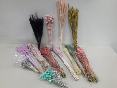 420 X BRAND NEW SILK KA FLOWERS FOR LIFE MIXED ARTIFICIAL FLOWERS LOT CONTAINING 20 X SETAREA PINK FLOWERS, 45 X DRIED BABALA FLOWERS, 20 X TARWE YELLOW FLOWERS, 25X SOLIDAGO PLANT IN BROWN, 60X PRES JAZILDA MINT GREEN BUNCH ETC