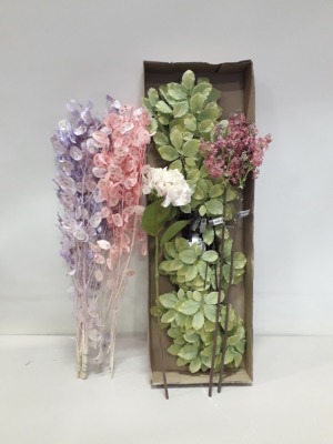 408 X BRAND NEW SILK KA FLOWERS FOR LIFE MIXED ARTIFICIAL FLOWERS LOT CONTAINING 36 X SILK KA GREENSPRAY EUCALYPTUS FLOWERS, 36 X HYDRANGEA PLUM/GREEN FLOWERS, 32X DAISY SPRAY PINK FLOWERS ETC