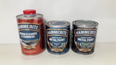 25 X BRAND NEW PAINT AND THINNER LOT TO INCLUDE 21 X HAMMERITE DIRECT TO RUST METAL PAINT ( SMOOTH BLUE ) 750 ML AND 4 X HAMMERITE BRUSH CLEANER AND THINNERS - 1L