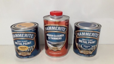 25 X BRAND NEW PAINT AND THINNER LOT TO INCLUDE 19 X HAMMERITE DIRECT TO RUST METAL PAINT ( SMOOTH BLUE ) 750 ML AND 6 X HAMMERITE BRUSH CLEANER AND THINNERS - 1L