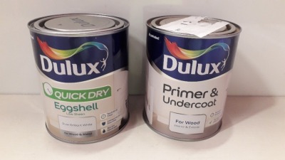 30 X BRAND NEW PAINT AND PRIMER LOT TO INCLUDE 12 X DULUX QUICK DRY EGG SHELL ( PURE BRILLIANT WHITE ) FOR WOOD AND METAL AND 12 X DULUX PRIMER AND UNDERCOAT FOR WOOD INTERIOR AND EXTERIOR AND 6 X DULUX WEATHERSHIELD.IN PURE BRILLIANT WHITE ALL IN 750 ML