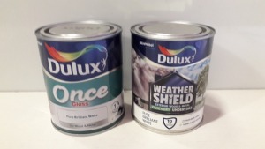 30 X BRAND NEW DULUX LOT TO INCLUDE DULUX ONCE GLOSS ( PURE BRILLIANT WHITE ) FOR WOOD AND METAL , DULUX WEATHERSHIELD UNDERCOAT FOR EXTERIOR WOOD AND METAL ALL IN 750 ML