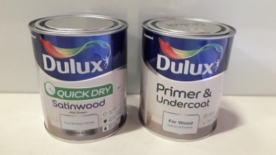 30 X BRAND NEW DULUX LOT TO INCLUDE DULUX QUICK DRY GLOSS HIGH SHEEN (CHIC SHADOW ) FOR WOOD AND METAL , DULUX PRIMER AND UNDERCOAT FOR WOOD , AND DULUX WEATHERSHIELD FOR EXTERIOR WOOD AND METAL IN ( BLACK GLOSS ) ALL IN 750 ML