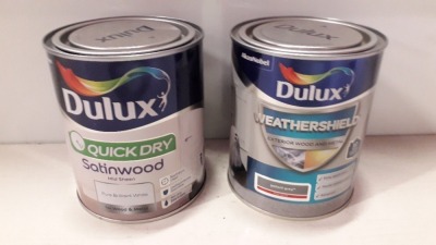 30 X BRAND NEW DULUX LOT TO INCLUDE DULUX QUICK DRY SATINWOOD ( PURE BRILLIANT WHITE ) AND DULUX WEATHERSHIELD EXTERIOR WOOD AND METAL ( GALLANT GREY)