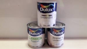 30 X BRAND NEW DULUX LOT TO INCLUDE DULUX WEATHERSHIELD FOR EXTERIOR FOR WOOD AND METAL ( GREEN GLADE ) AND QUICK DRY EGG SHELL ( PURE BRILLIANT WHITE ) AND DULUX PRIMER AND UNDERCOAT FOR WOOD AND JOHNSTONES INTERIOR WOOD AND METAL UNDERCOAT ( BRILLIANT 