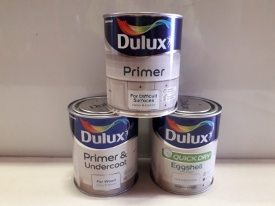 30 X BRAND NEW DULUX LOT TO INCLUDE DULUX WEATHERSHIELD FOR EXTERIOR FOR WOOD AND METAL ( GREEN GLADE ) AND QUICK DRY EGG SHELL ( PURE BRILLIANT WHITE ) AND DULUX PRIMER AND UNDERCOAT FOR WOOD