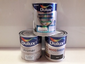 30 X BRAND NEW DULUX LOT TO INCLUDE DULUX WEATHERSHIELD FOR EXTERIOR FOR WOOD AND METAL ( CRANBERRY CRUNCH AND GALLANT GREY ) AND DULUX WOOD SHEEN FOR INTERIOR AND EXTERIOR ( EBONY ) AND DULUX PRIMER AND UNDERCOAT FOR WOOD